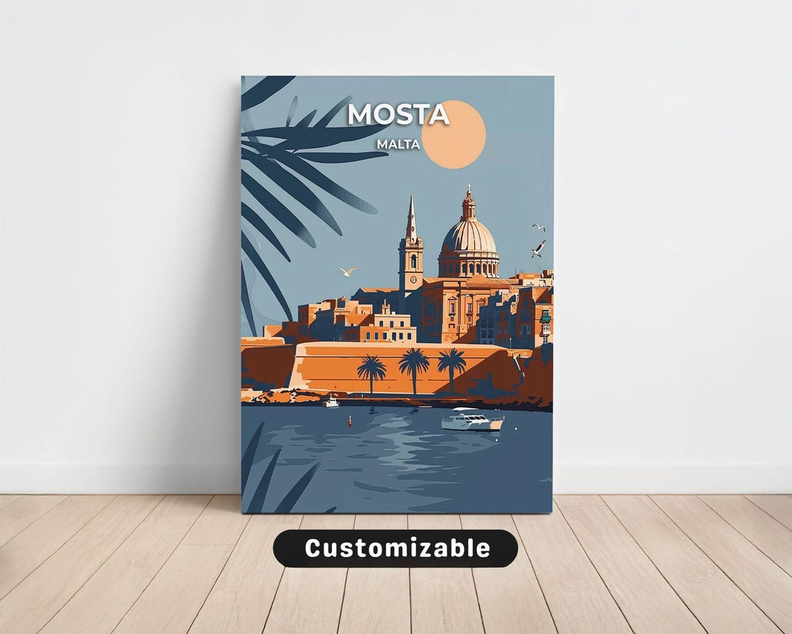 Mosta Malta Harbor Travel Poster Dome Waterfront Boats Vintage Style