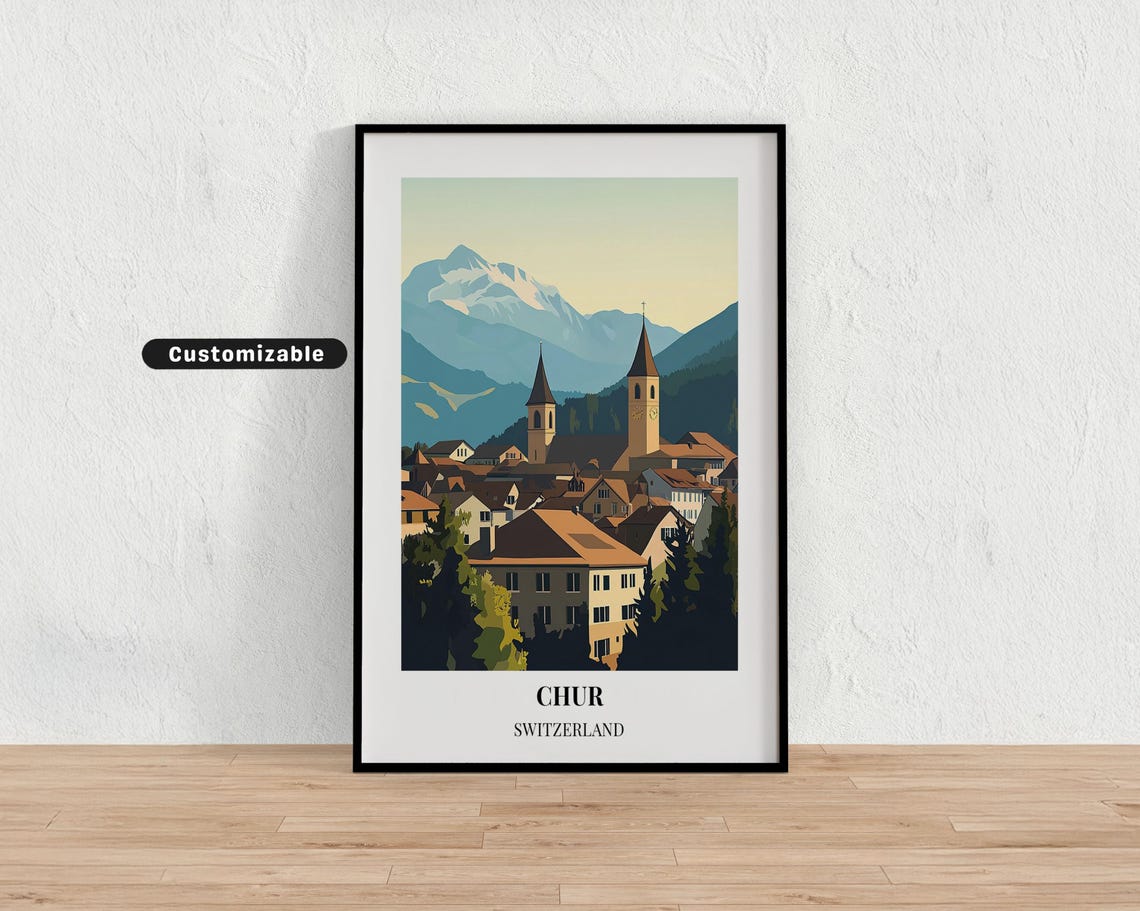 Chur Switzerland Old Town Twin Towers Mountain Minimalist Poster