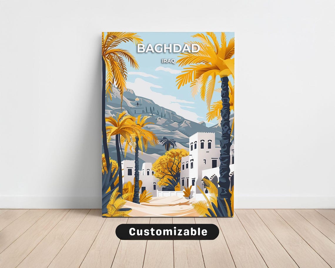 Baghdad Iraq Travel Poster Golden Palms Old Town Warm Light Art