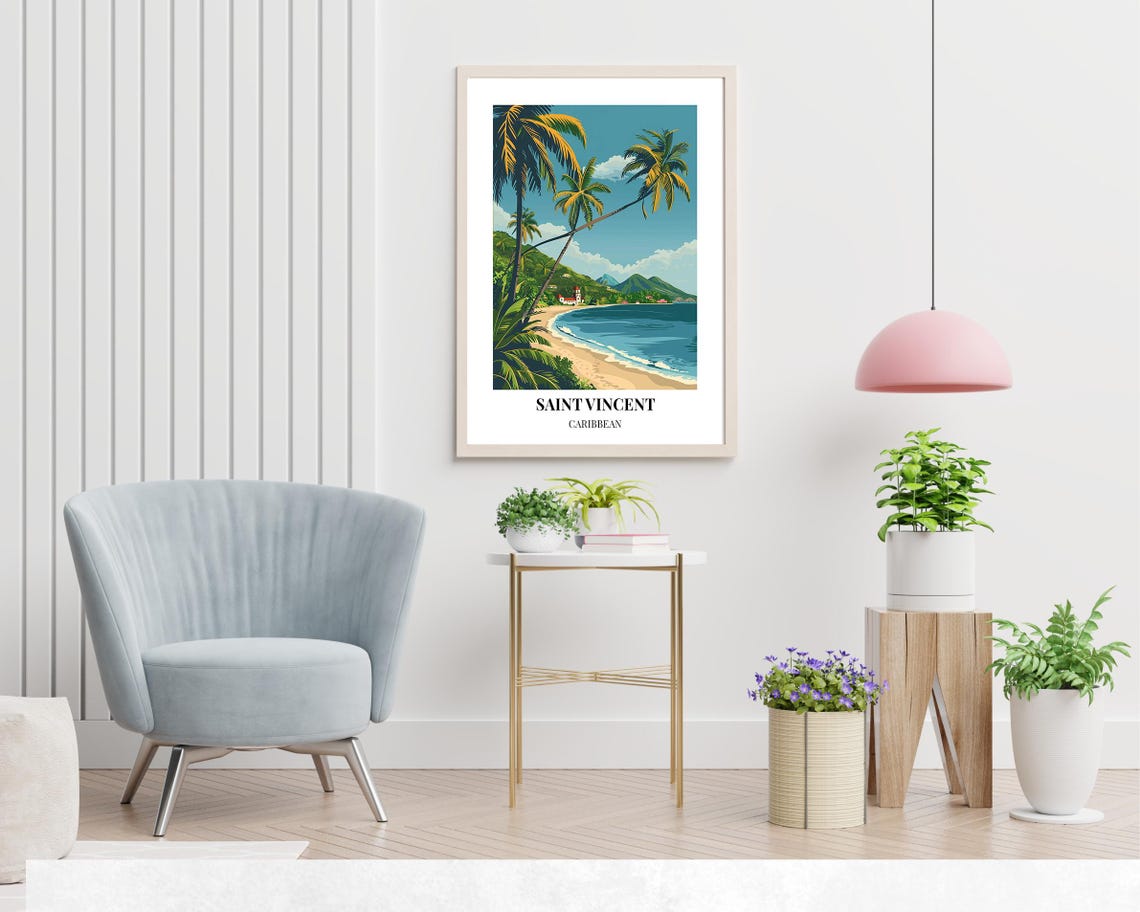 Saint Vincent Caribbean Palm Beach Hills Illustrated Travel Poster - Image 2