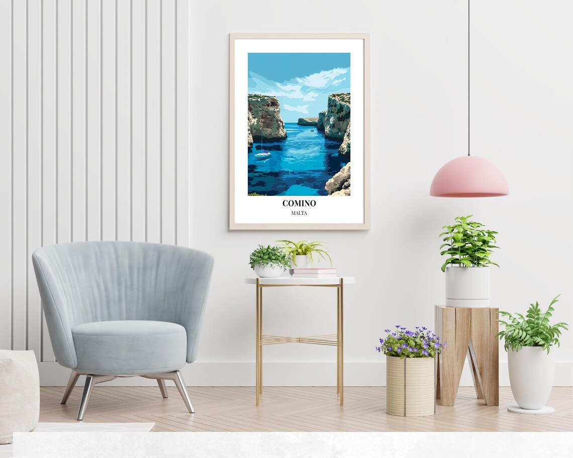 Comino Malta Blue Lagoon Sailboat Narrow Cove Serene View Poster - Image 2
