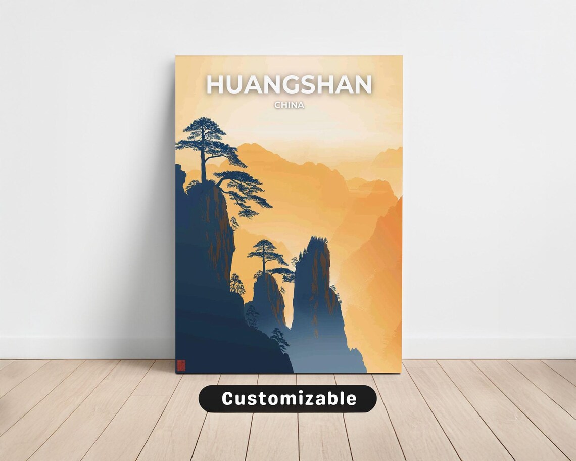 Huangshan China Yellow Mountain Sunset Peaks Vintage Travel Poster