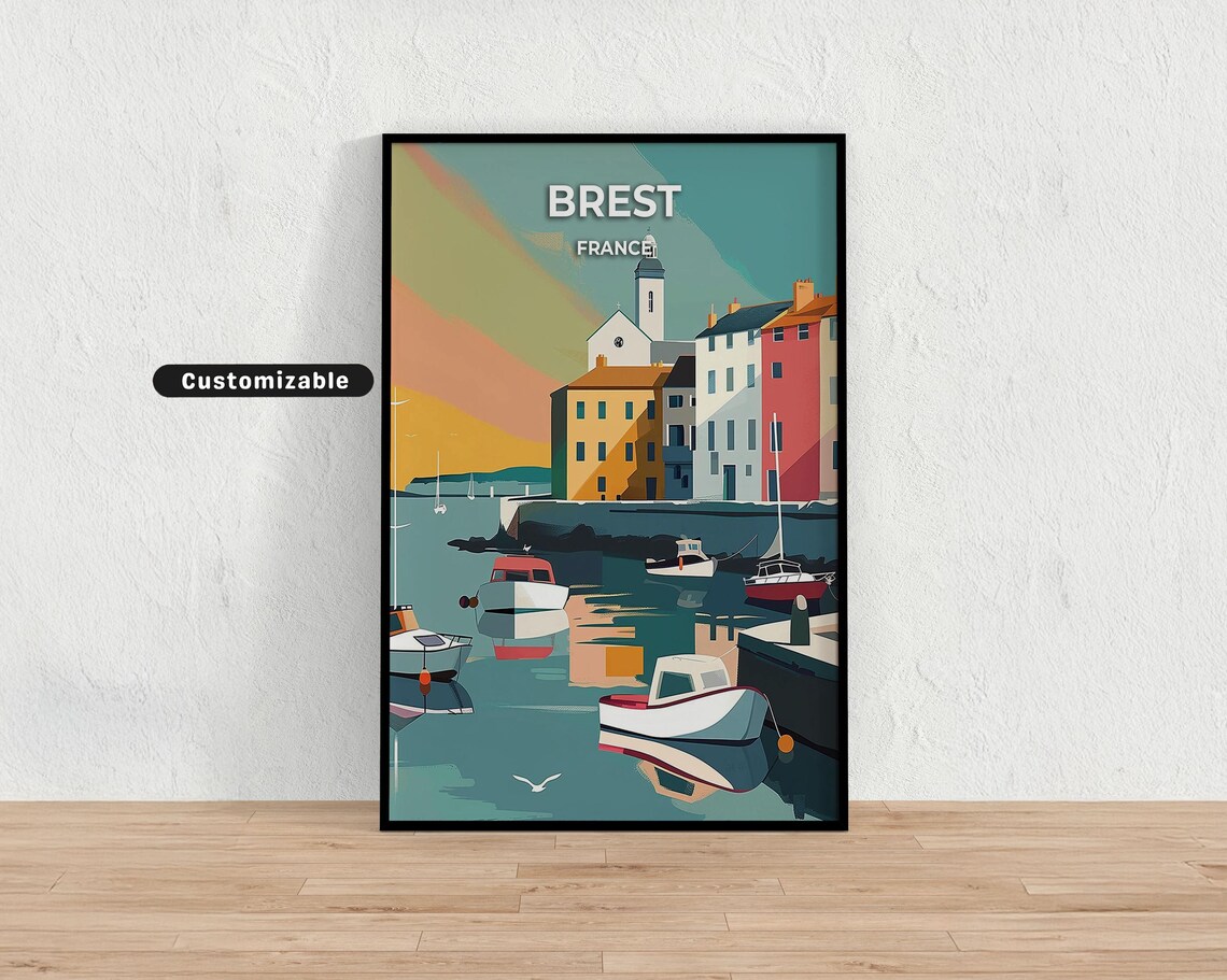 Brest France Harbor Boats Sunset Custom Vintage Travel Poster