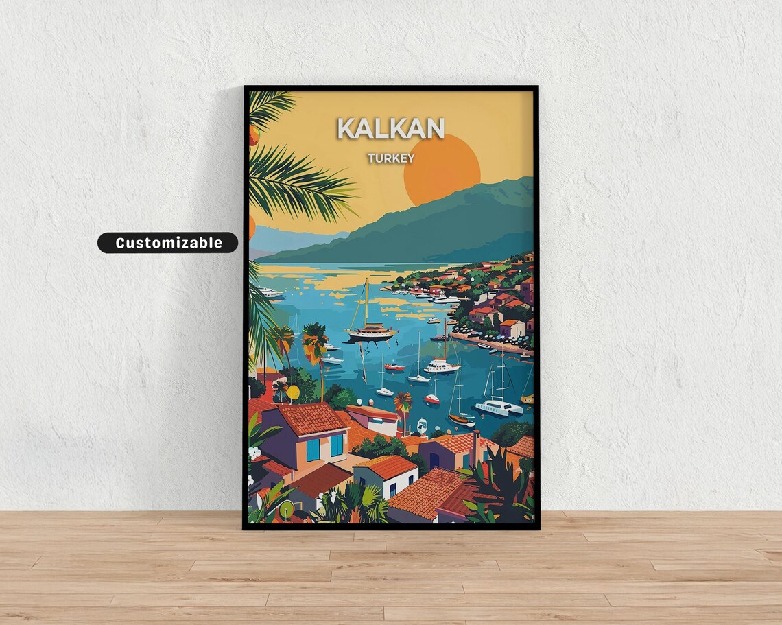Kalkan Turkey Harbor Sailboats at Sunset Mediterranean Travel Poster