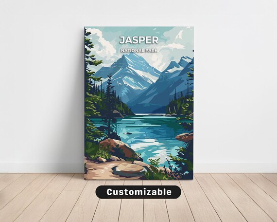 Jasper National Park Travel Poster Turquoise Lake Pine Forest Wall Decor