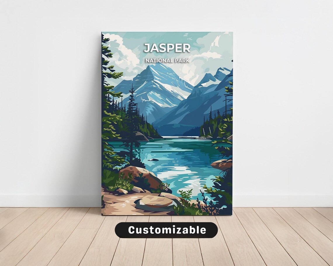 Jasper National Park Travel Poster Turquoise Lake Pine Forest Wall Decor
