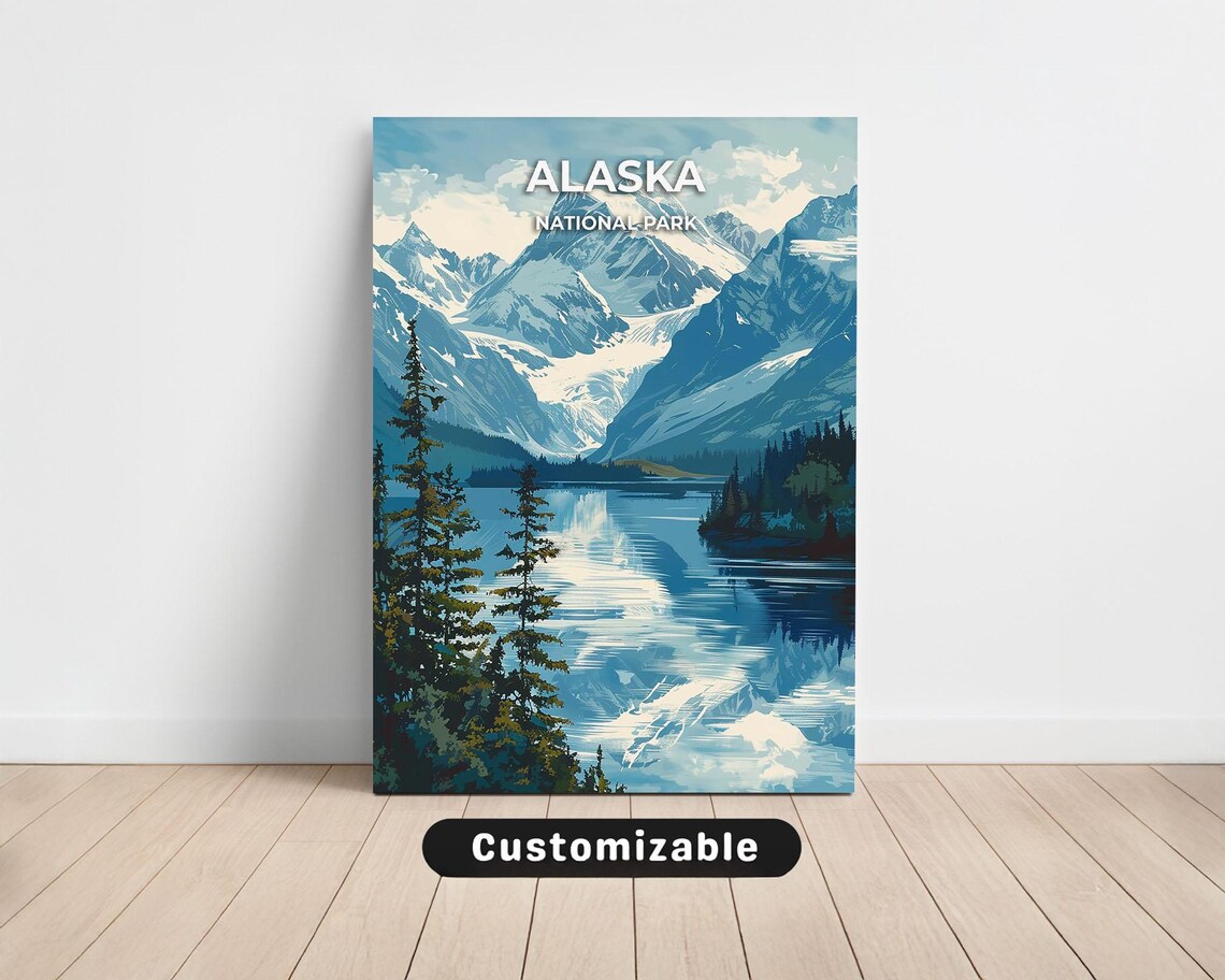 Alaska National Park Glacier Lake Reflection Vintage Travel Poster