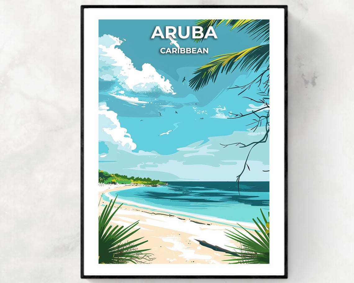 Aruba Caribbean Turquoise Shoreline Under Palm Fringed Sky Poster
