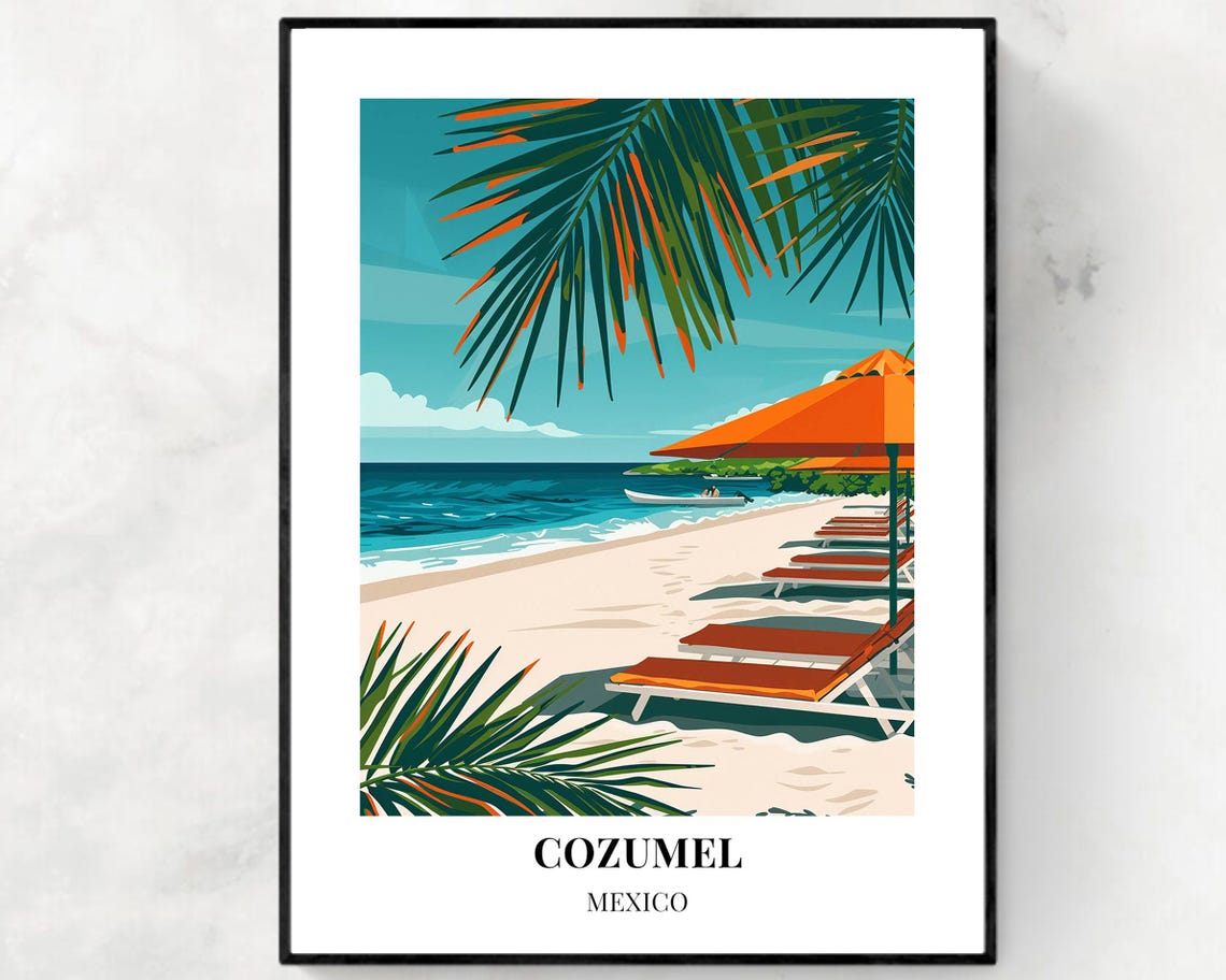 Cozumel Mexico Beach Loungers Under Palm Fronds Travel Poster