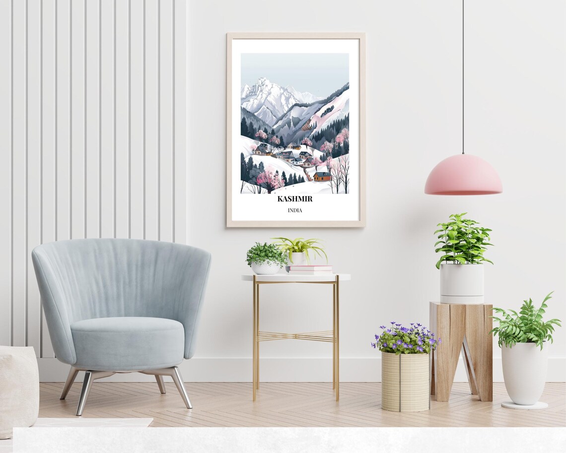 Kashmir India Snowy Mountain Village Winter Landscape Travel Poster - Image 2