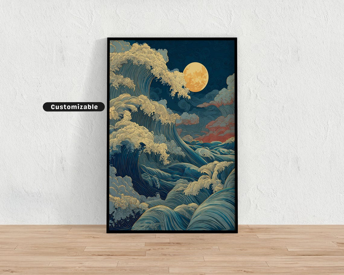 Stormy Great Wave Under Full Moon Japanese Ukiyoe Art Poster