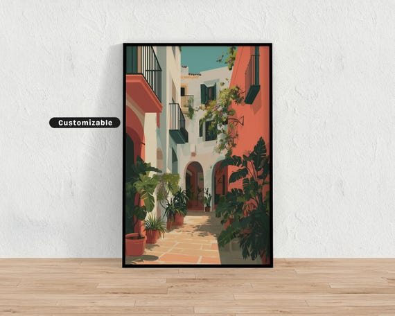 Street Lined With Archways And Lush Greenery Mediterranean Colorful Wall Art Tropical Illustration Print Modern Boho Home Decor