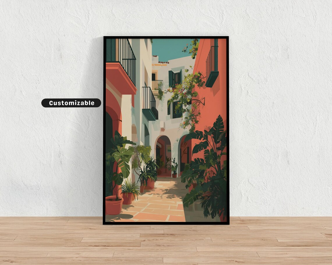 Mediterranean Street With Archways And Lush Greenery View Poster