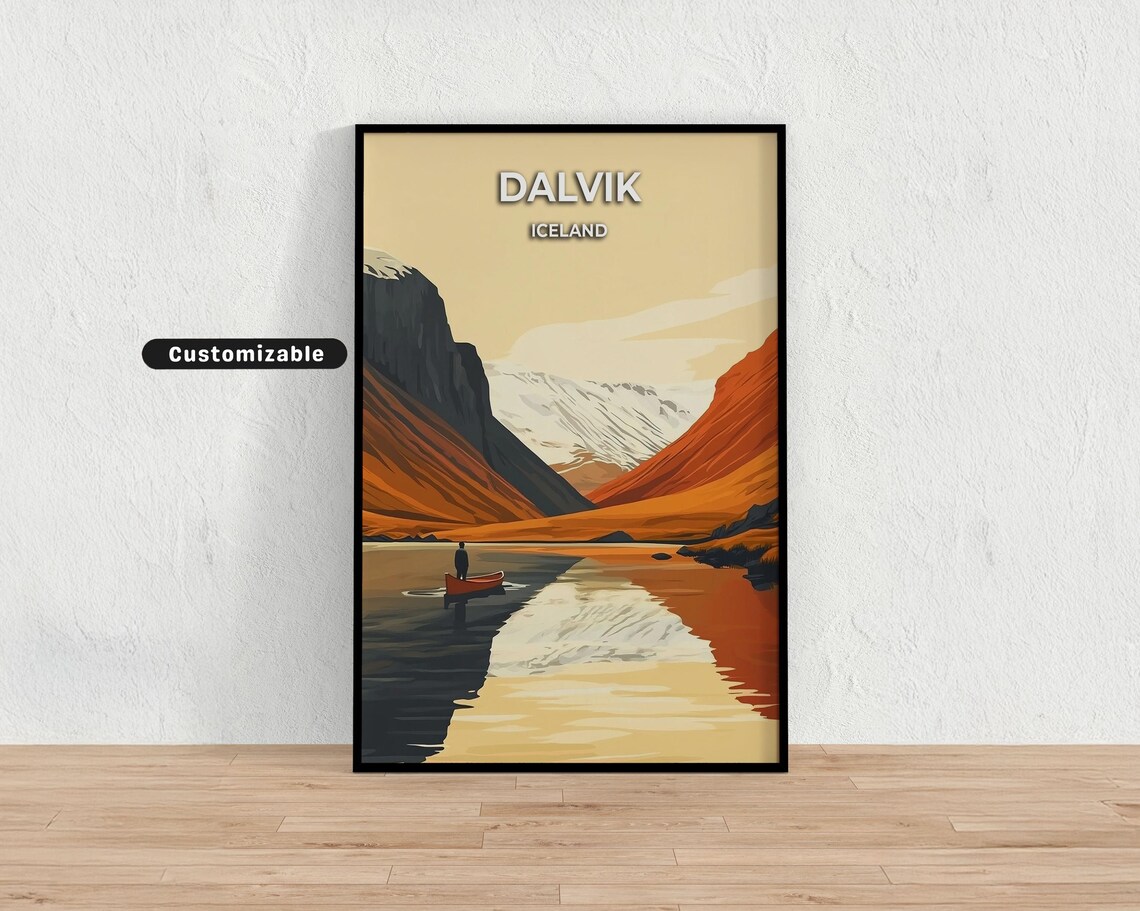 Dalvik Iceland Fjord Red Canoe Mountain Reflection Travel Art Poster