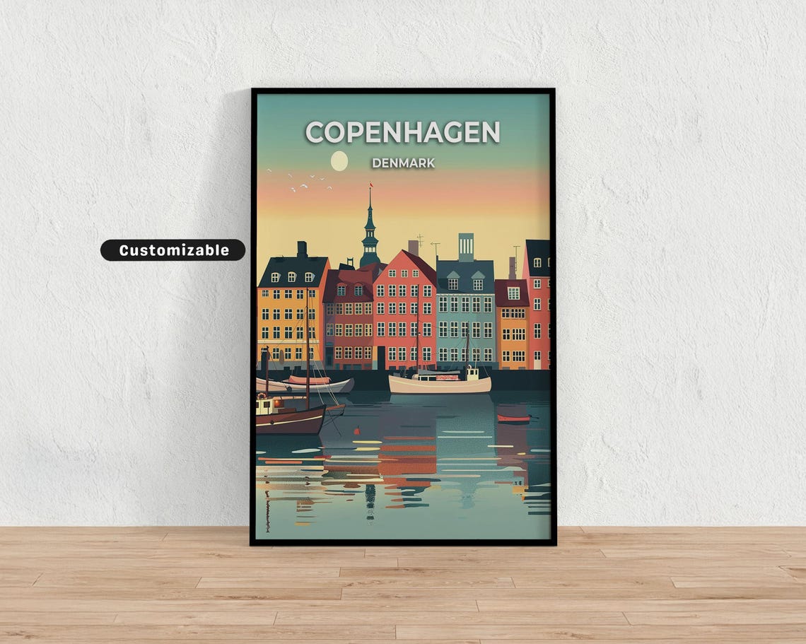 Copenhagen Denmark Customizable Harbor Travel Poster Sunset Boats Art