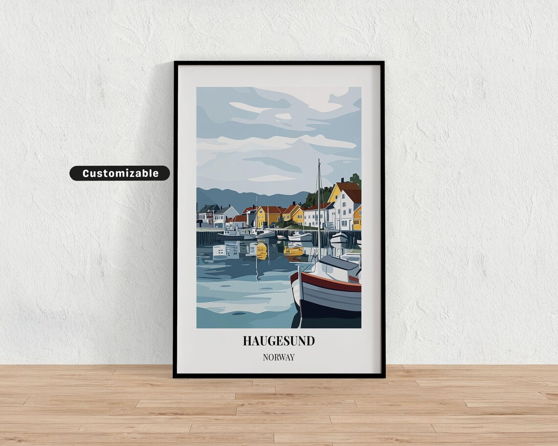 Haugesund Norway Harbor Fishing Boats Waterfront Modern Art Poster