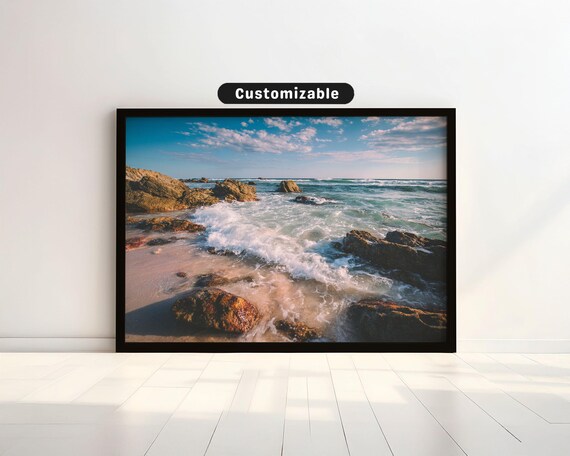 Ocean Waves Crashing Over Rocky Shore Coastal Nature Scene Poster