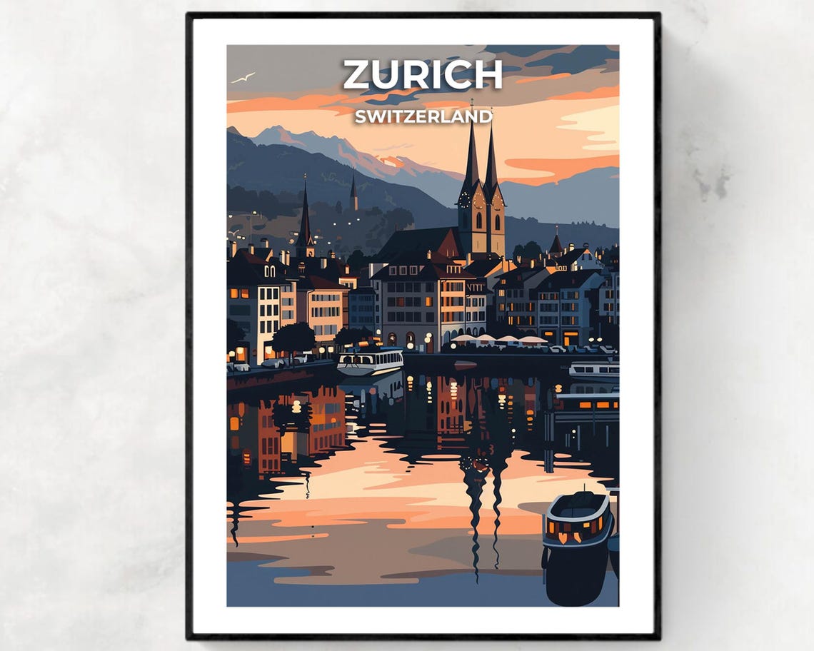Zurich Old Town at Sunset with River Reflections Switzerland Poster