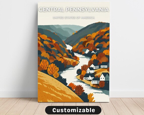 Central Pennsylvania Autumn River Valley Vintage Travel Poster