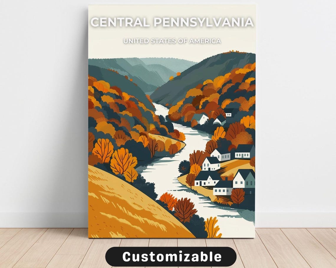 Central Pennsylvania Autumn River Valley Vintage Travel Poster