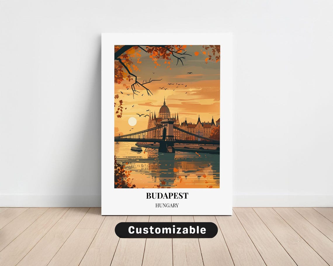 Budapest Hungary Travel Poster With Chain Bridge Autumn Sunset
