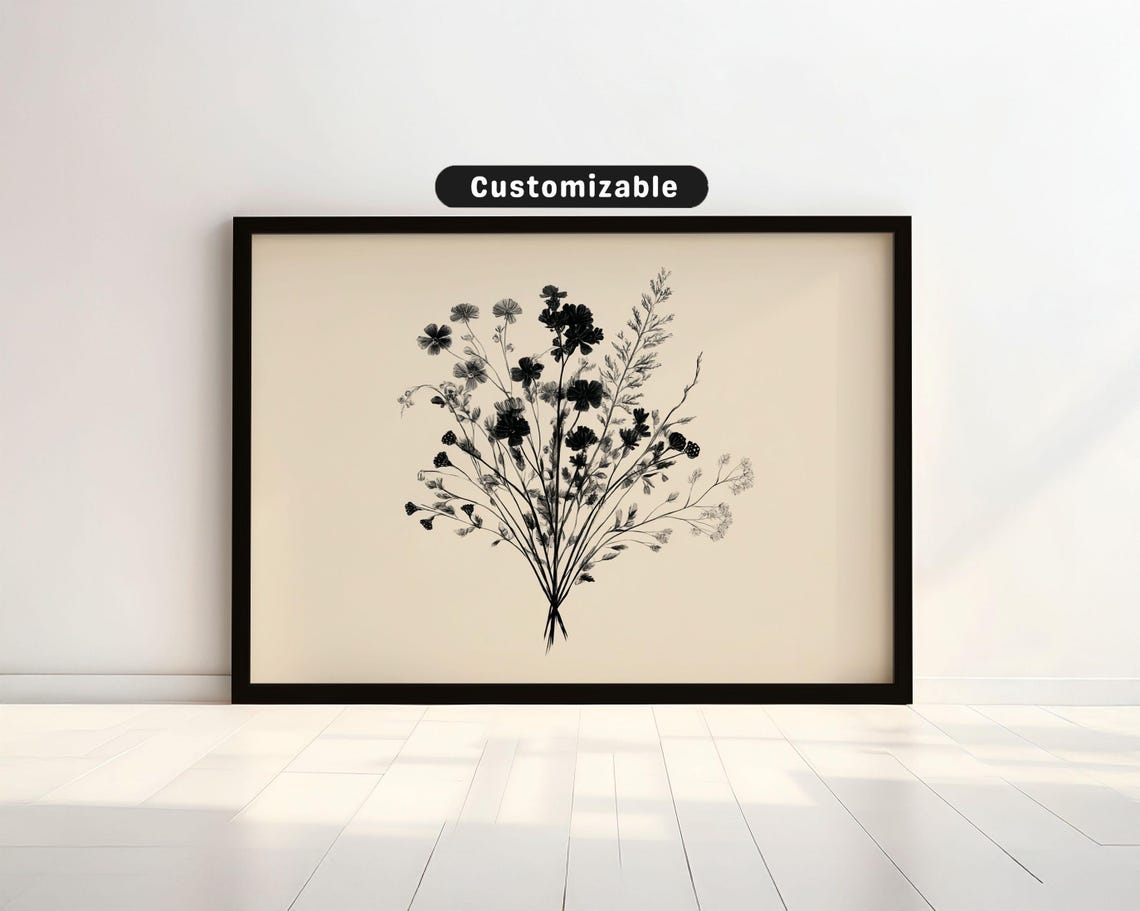 Black Wildflower Bouquet Silhouette Botanical Wall Art Beige Decor