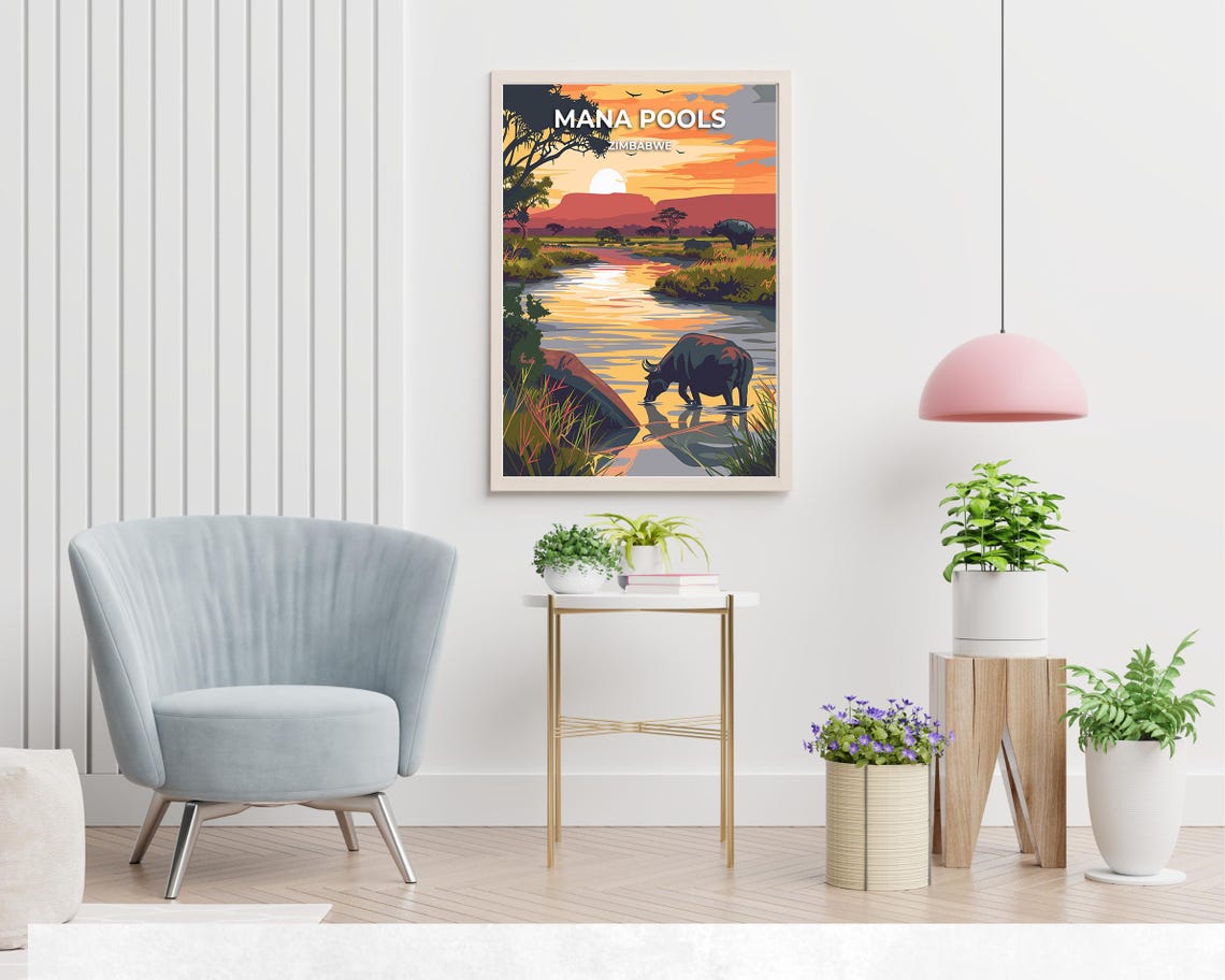 Mana Pools Zimbabwe Buffalo Drinking River Sunset Safari Poster - Image 2