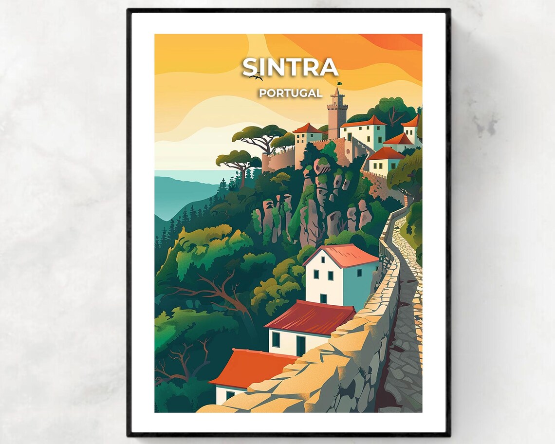 Sintra Portugal Hilltop Castle Walls Sunset Vintage Travel Poster