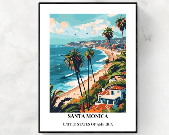 Santa Monica California Beach Coastline Palm Trees Scene Wall Art