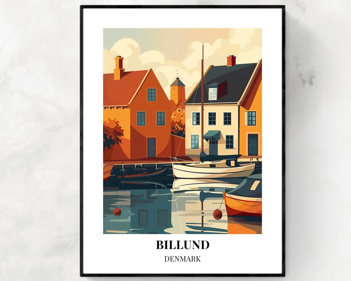 Billund Denmark Waterfront Colorful Houses Harbor Boats Poster