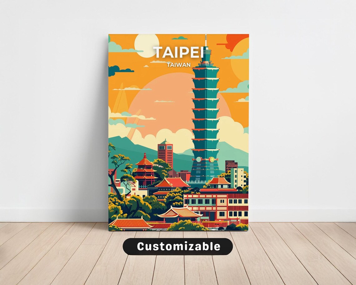 Taipei Taiwan 101 Tower Temple Sunset Vintage Travel Art Poster
