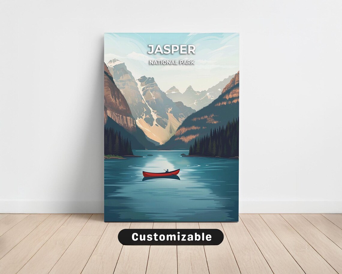 Jasper National Park Red Canoe Calm Mountain Lake Vintage Travel Poster