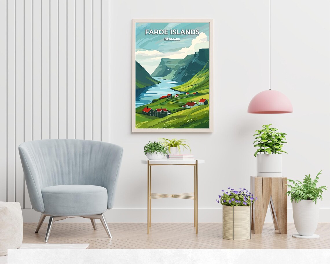Faroe Islands Denmark Fjord Valley Village Green Cliffs Travel Poster - Image 2