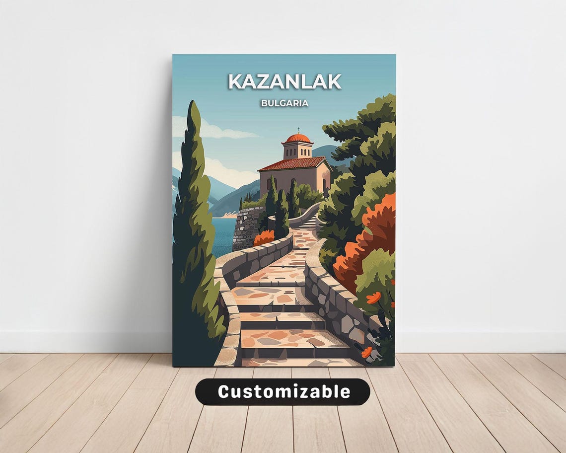 Kazanlak Bulgaria Travel Poster Stone Path Church Cypress Trees Scene