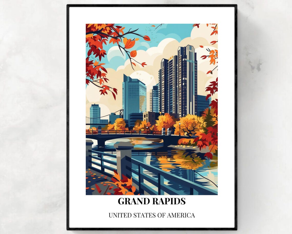 Grand Rapids Michigan Autumn Riverfront Skyline Fall Color Poster