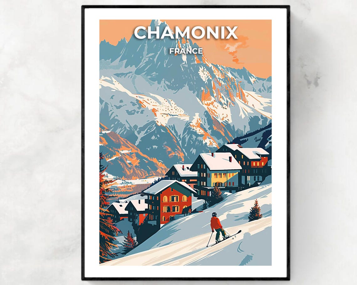 Chamonix France Alpine Village Beneath Sunset Peak With Skier Poster