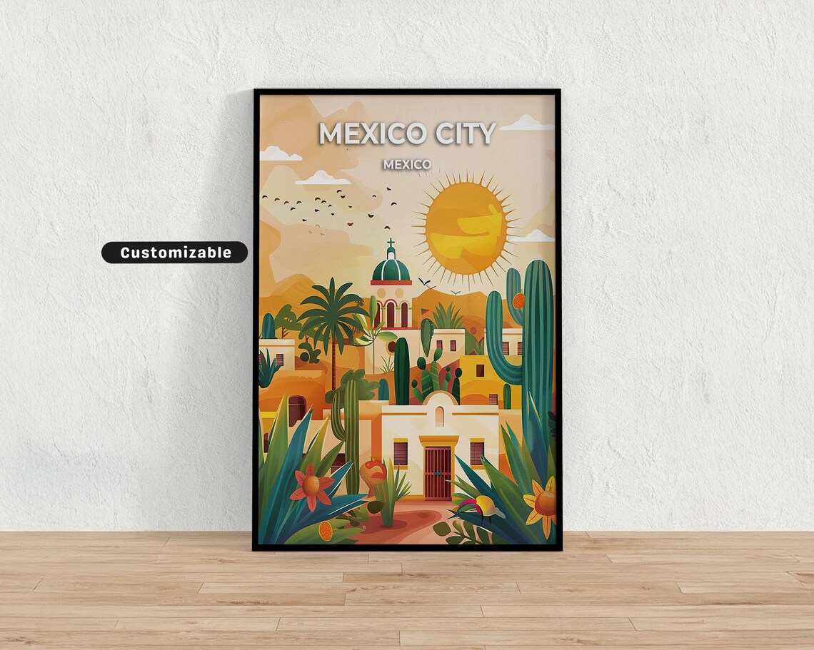 Mexico City Desert Church Cactus Sun Travel Illustration Poster