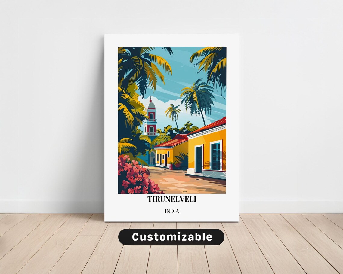 Tirunelveli India Travel Poster Sunlit Palm Street And Church Tower