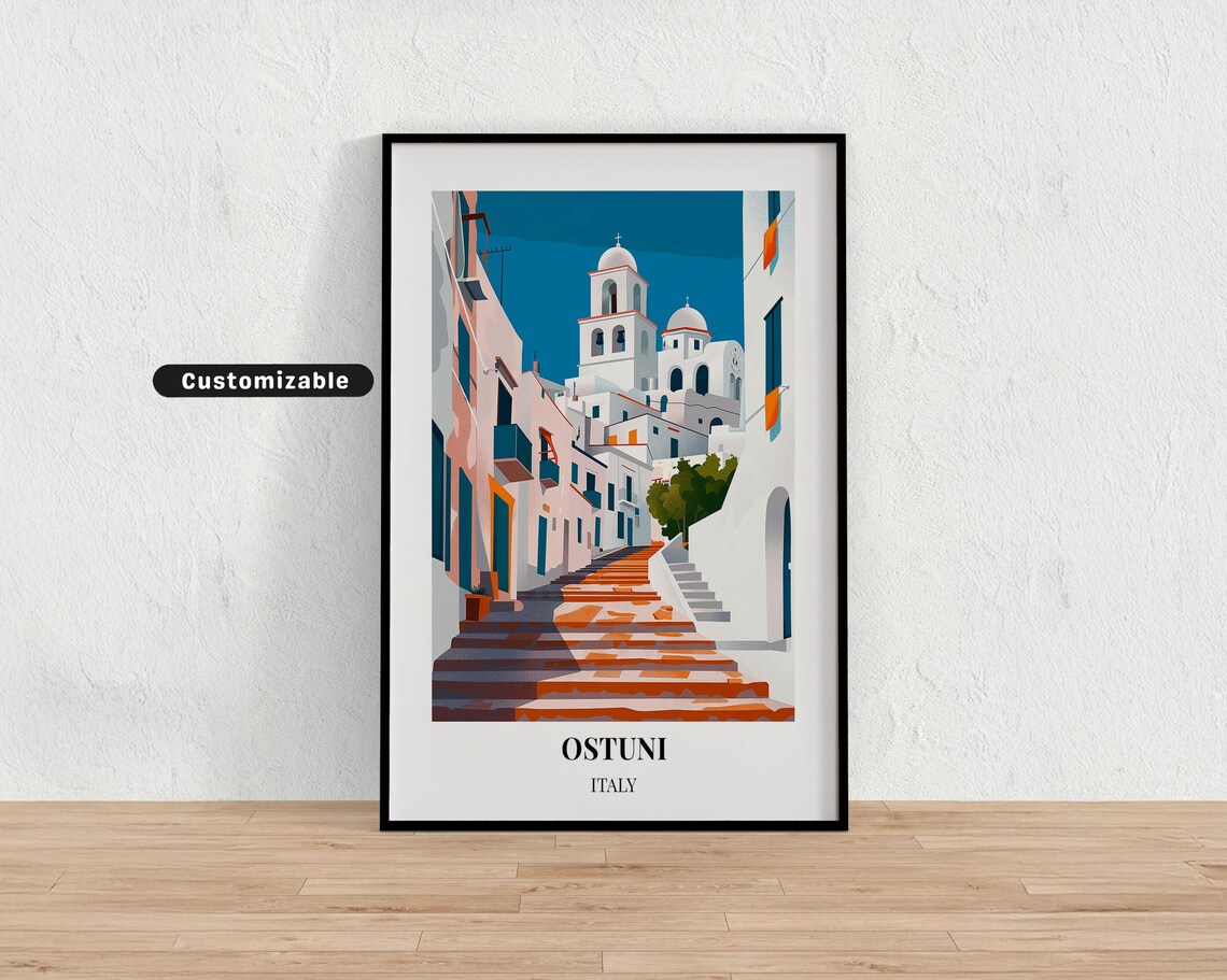 Ostuni Italy Vintage Travel Poster Hilltop Town Church Steps