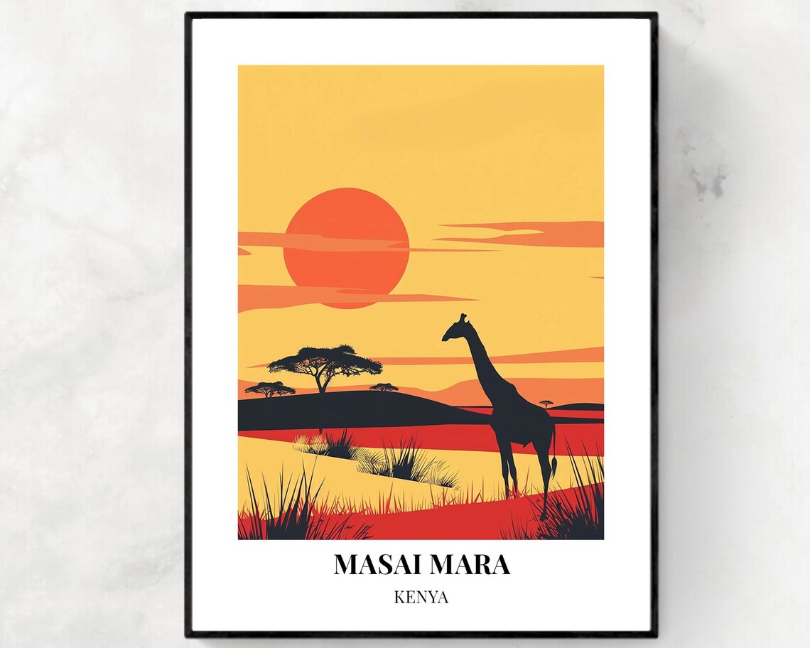 Masai Mara Kenya Giraffe Silhouette Red Sunset Travel Poster