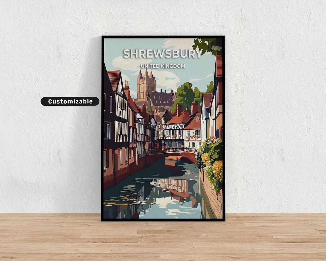 Shrewsbury United Kingdom Medieval Street Bridge Church Town Poster