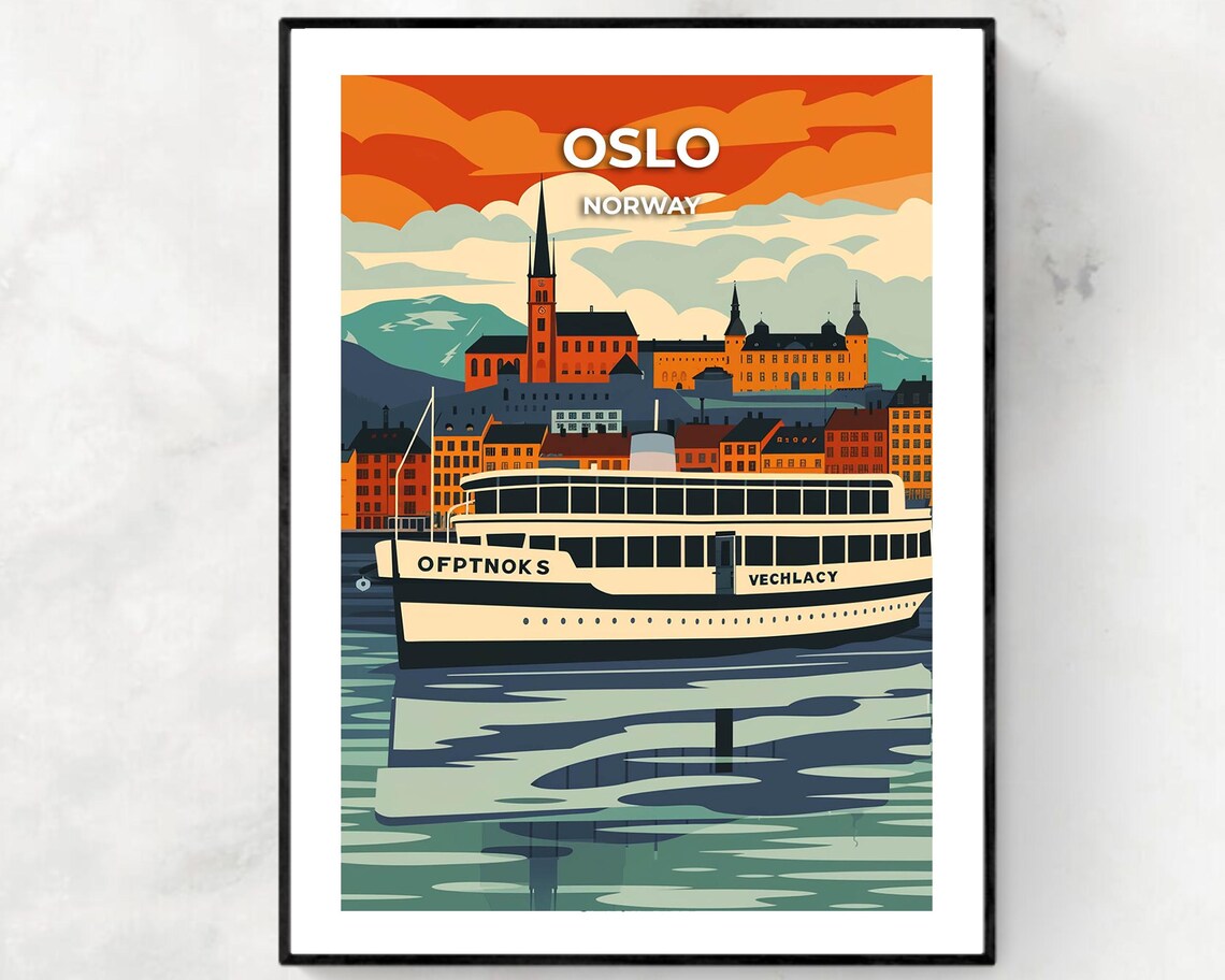 Oslo Norway Harbor Ferry Fiery Sunset Vintage Travel Art Poster
