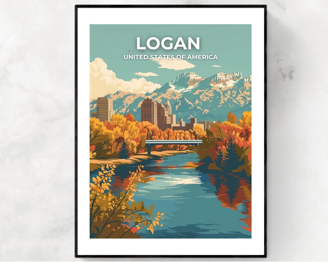 Logan Utah Autumn River Mountains On Image Title Travel Poster
