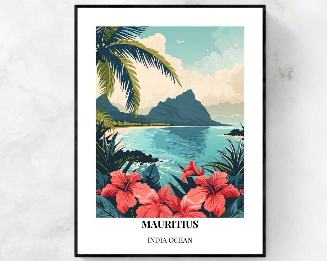 Tropical Mauritius Indian Ocean Lagoon Red Hibiscus Travel Poster