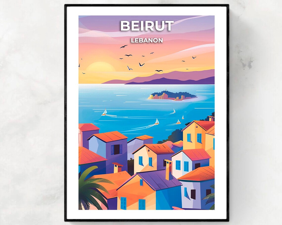 Beirut Lebanon Sunset Bay Sailboats and Colorful Houses Poster