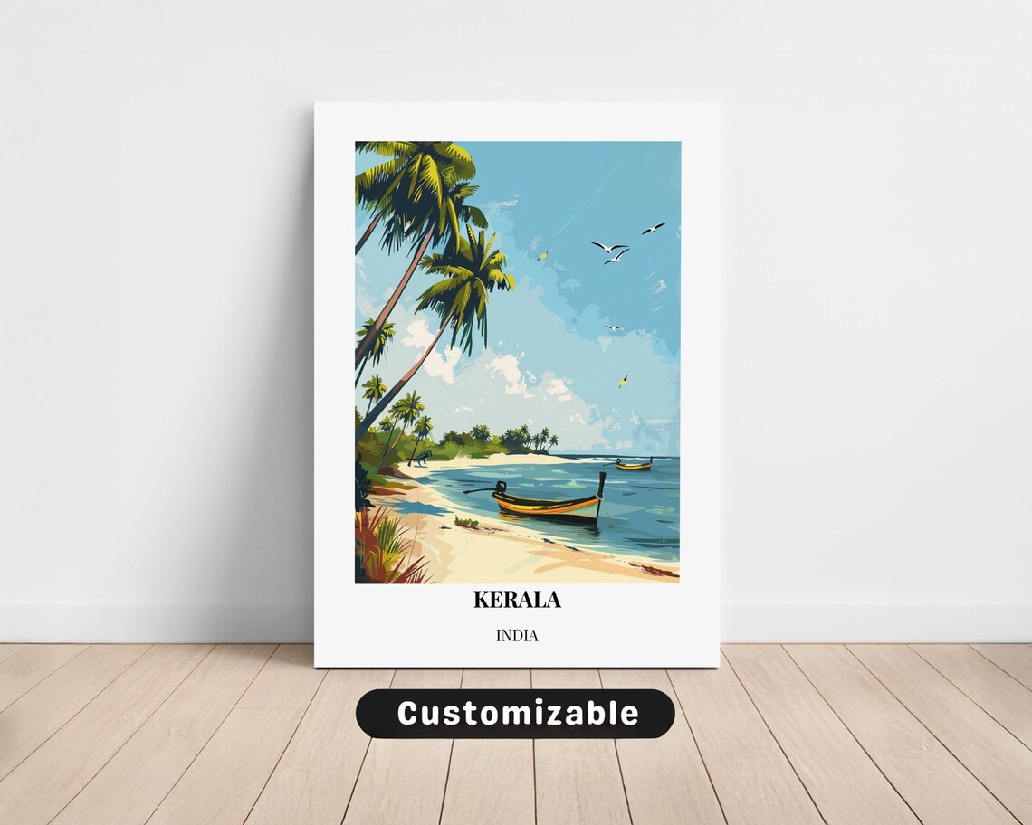 Kerala India Tropical Beach Palms Fishing Boat Travel Poster