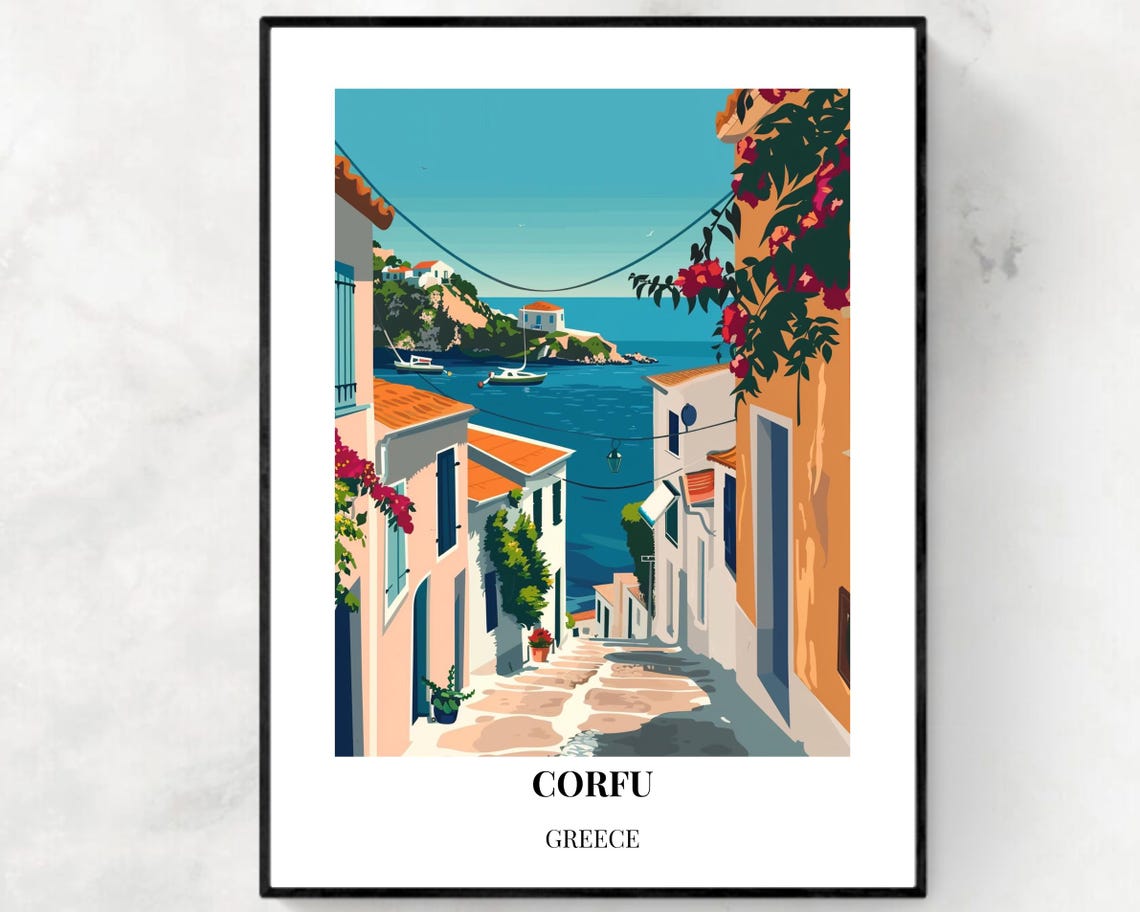 Corfu Greece Coastal Alleyways Descending Toward the Ionian Sea Poster