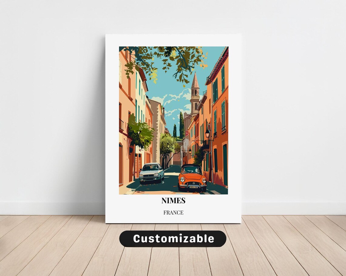Nimes France Historic Street Classic Cars Church Travel Poster