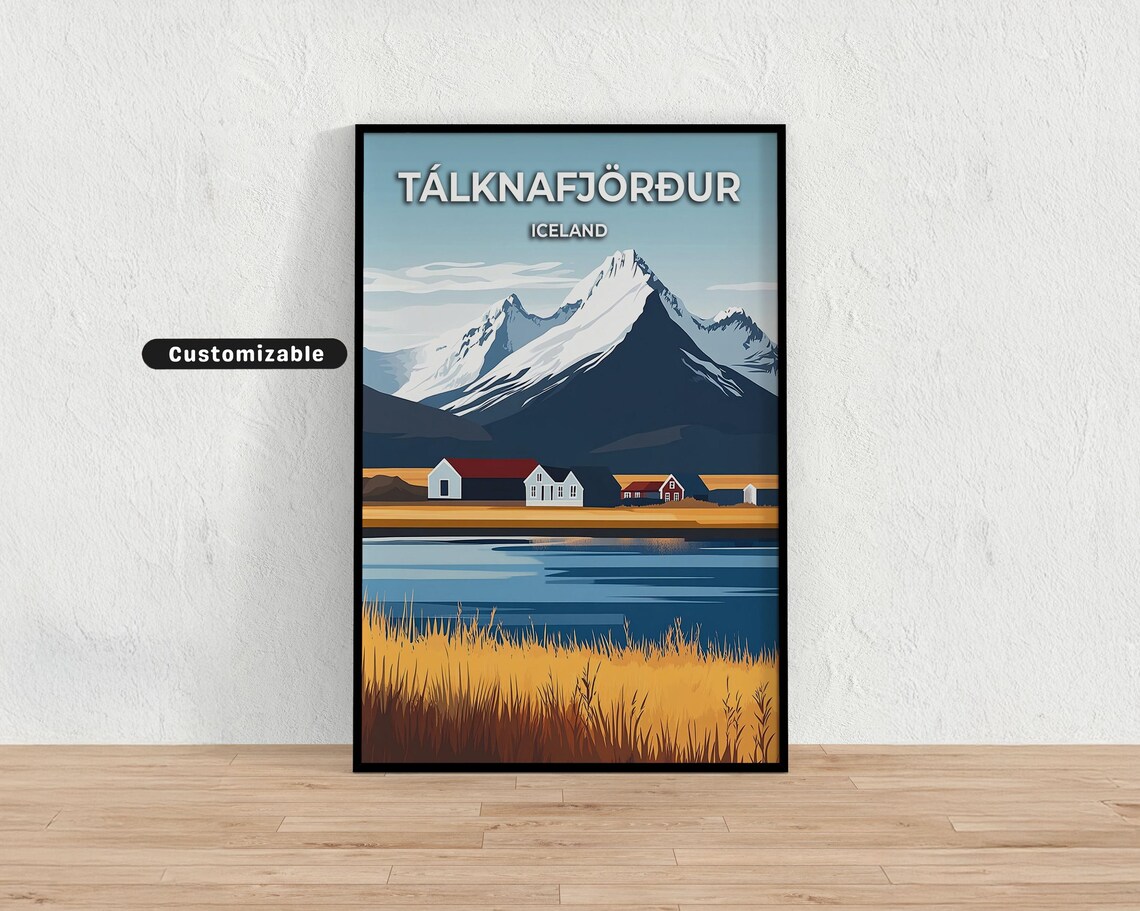 Talknafjordur Iceland Farmhouses Snowy Peak Golden Grass Poster