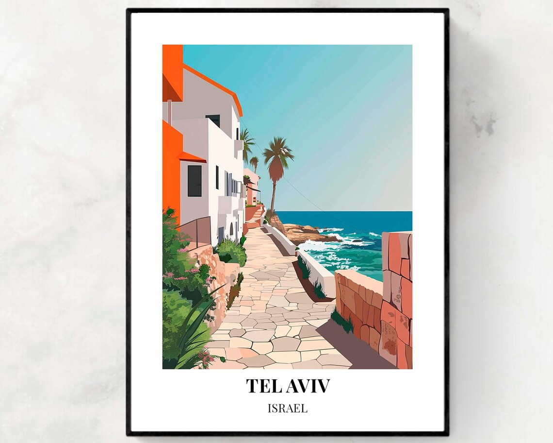 Tel Aviv Israel Seaside Promenade Palm Trees Coast Walk Travel Poster